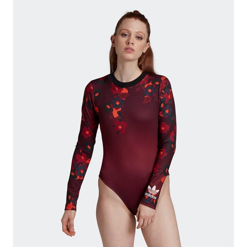 Adidas HER Studio London Floral Bodysuit Long Sleeve Burgundy Multi Size Large